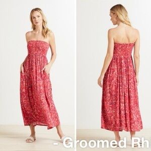 Anthropologie Roan + Ryan Strapless Floral Maxi Dress M Side Slit Smocked Pink